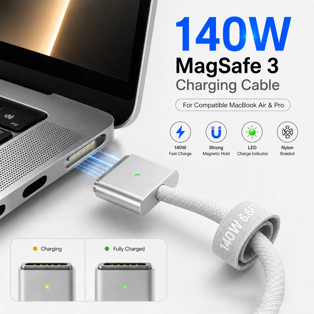 140W USB-C to Magnetic 3 Cable (6.6FT/2M), White Fast Charging Laptop Charger Cord for MacBook Pro 14"/16" (M1-M5) & MacBook Air 13"/15" (M2-M5), Sohochic Practical Party Gift