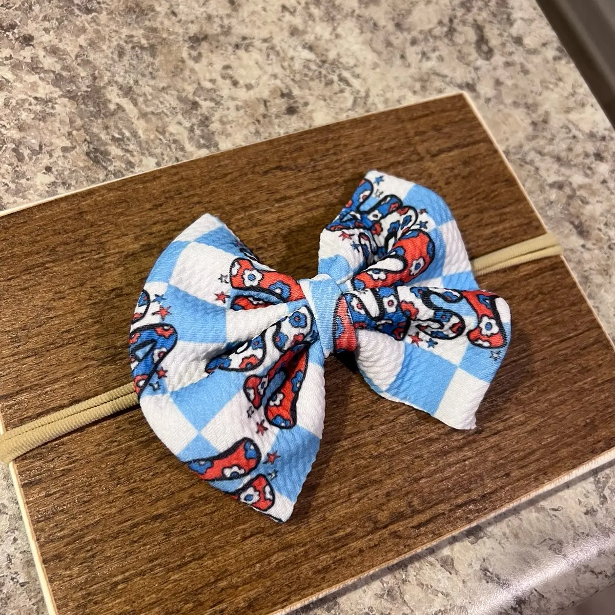 USA Blue and White Checkered Nylon Bow