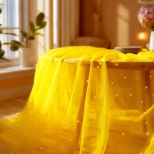 Luxurious yellow tulle table runners with pearls, 30*119inch size, 1/2/3-piece pack. Suitable for decorating arches/table runners/tables/chair back straps/dessert tables. Perfect for spring wedding ceremonies and holiday party decorations.