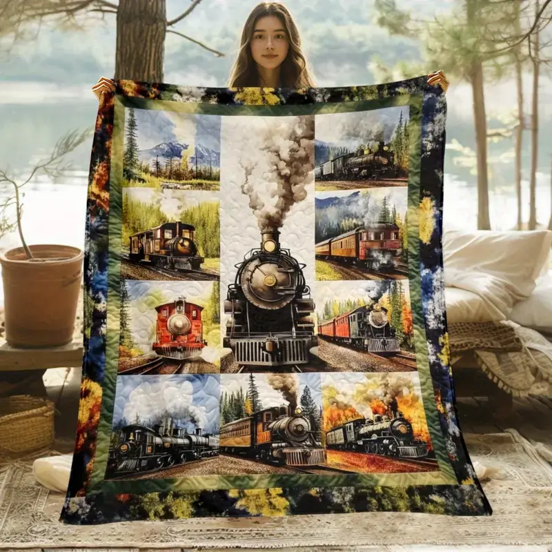 Vintage Steam Train Throw Blanket - Locomotive & Railway Tracks Design with Lush Green Hills & -Timer Train Engines - Soft Flannel - Nostalgic Railway Enthusiast Gift