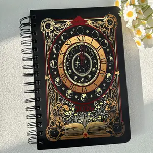 Mysterious Star Track Moon Phase Clock 2026 Dark Gold Foil Ring Planner Notebook Gothic Celestial Aesthetic Lay Flat Spiral Binding Lunar Cycle Layouts bible study supplies glitter may chalkboard