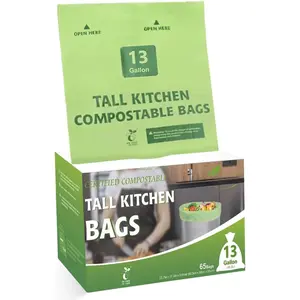 Compostable Trash Bags, 13 Gallon, 49.2 Liter, 0.91 Mils, 65 Count Kitchen Tall  Scrap Compost Bags for Tall Kitchen Trash Cans with  EN13432 Certified