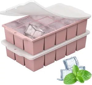 Ice Cube Tray with Locks , Easy Release Flexible 15 Square Ice Trays for Freezer, Stackable &  Ice Cube Mold for , ,  , , 2 Pack ()