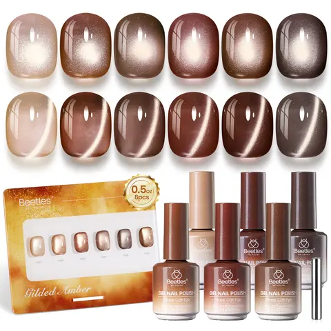 Beetles Amber Glow Gel Nail Polish Set - 6x15ML Full Size Glitter Kit, Glass Cat Eye Magnetic Effect, Soak-Off UV Pigment Formula, Flawless Metallic Finish, Gel Nails At Home, Fall Winter Manicure Gift for DIY Use