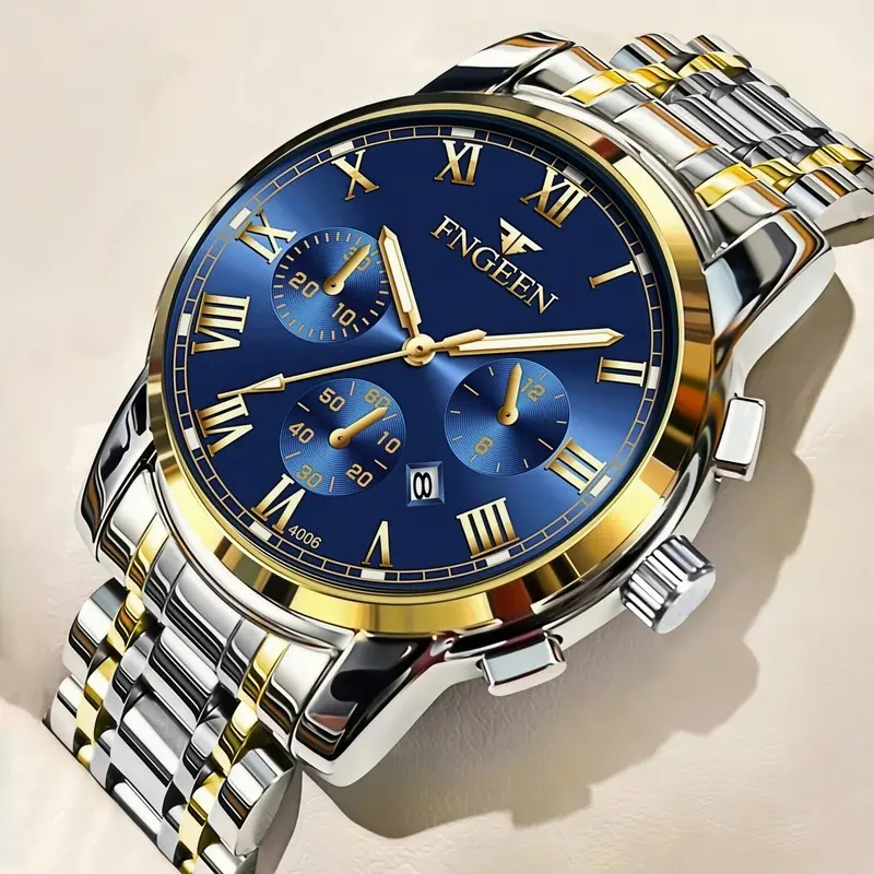 Men's Business Fashion Round Dial Analog Quartz Stainless Steel Watch, Analog Watches, Luminous Calendar Watch for Party, Daily Clothing Decor, Watch for Birthday Gift with Box