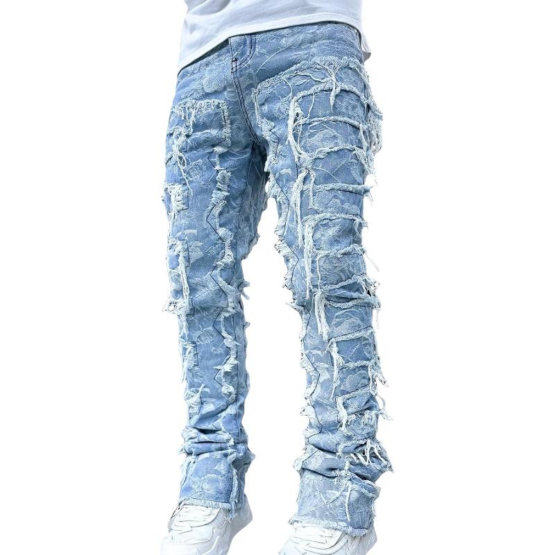 Mens Black Stacked Jeans Slim Fit Ripped Jeans Destroyed Straight Denim Pants Harajuku Hip Hop Trouser Streetwear