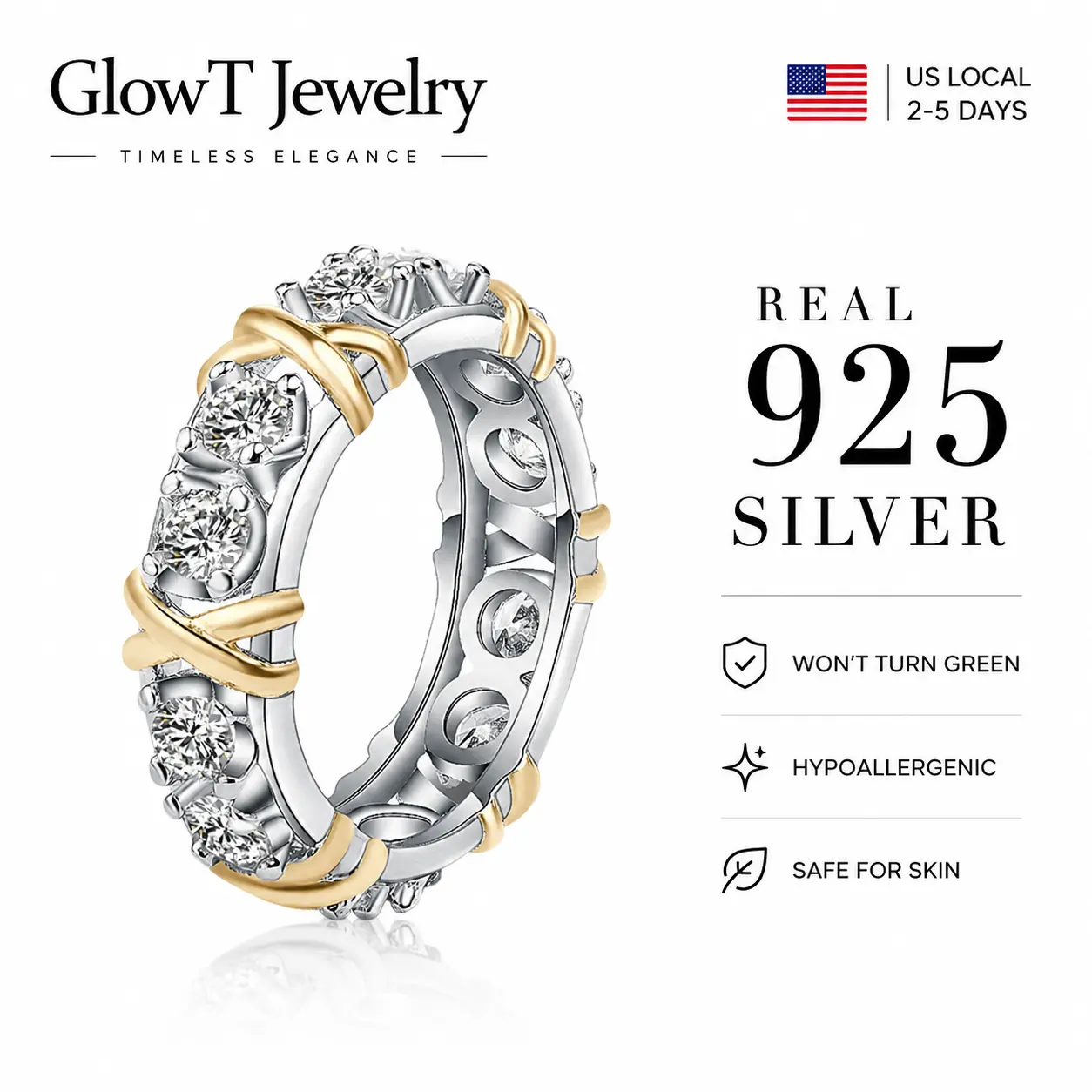 S925 Sterling Silver Two-Tone CZ Band Ring - XOXO Twist Design Eternity Ring with Sparkling Cubic Zirconia Stones, Nickel-Free Tarnish-Resistant Silver & Gold Plated Ring, Comfort Fit for Women, Perfect for Stacking & Bridal