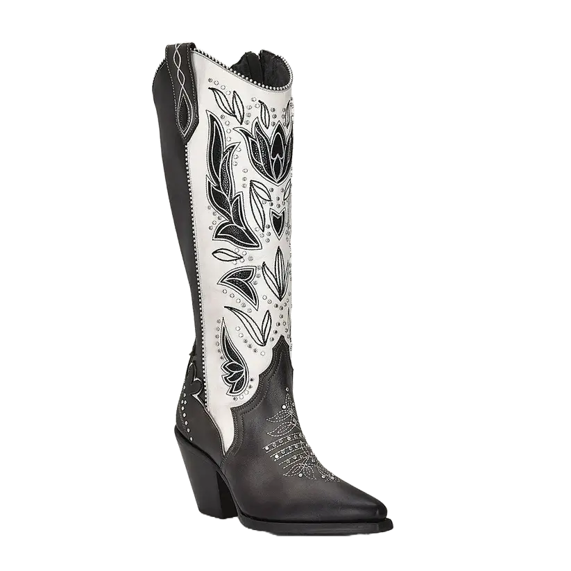 Women's Cuadra Floral Embroidered Studded Tokio Grey Western Snip Toe Boots (CU781) - 3.14in Heel, Stud Accents, Contrast Detailing, Anti-Slip TPU, Cowgirl & Outlaw Style, Cowboy Aesthetic, Shoes for Women, Footwear