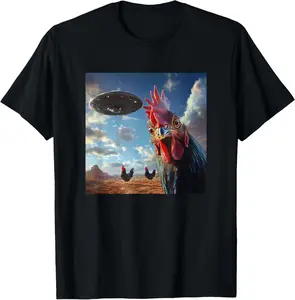 100% Cotton Unisex Chicken Hum Selfie with UFOs Weird Print Graphic Space Funny T-Shirt