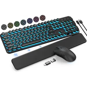 Keyboard and  Backlit - Typewriter Keyboard with  Wrist Rest, Retro Round Keycaps, Light Up Letters, 2.4GHz Cordless Combo for , Windows, PC, Laptop,  CK24 [Upgraded]