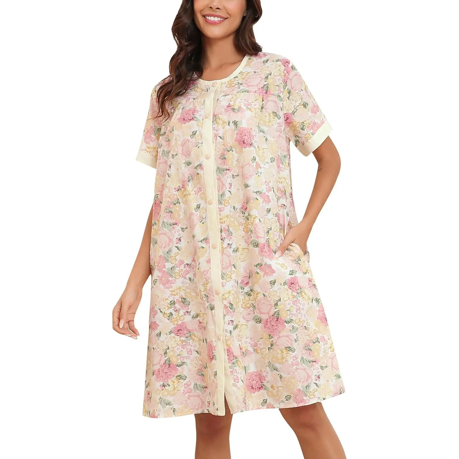 YOZLY House Dress for Women Short Sleeve House Coats Dusters Robe Moomoo nightgowns with Pockets