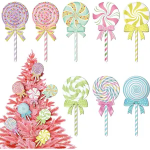 8 Pcs Large Pastel Christmas Candy Tree Ornaments Wooden Lollipop Candy Ornaments Christmas Tree Picks Double Sided Peppermint Hanging for Xmas Holiday Party Decorations