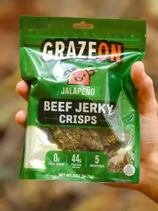 GrazeOn Jalapeño Beef Jerky Crisps High Protein 44g No Sugar Crunchy Air-Dried Meat Snack All-Natural 2.0 oz Low Carb Keto-Friendly