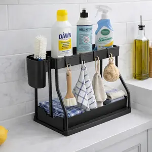 2 Tier Under Sink Organizer, Adjustable Double Layer Under Sink Storage Rack with Drainage Shelf, PP Plastic and Stainless Steel Cabinet Organizer for Kitchen or Bathroom, Space Saving Storage for Cleaning Supplies, Dish Soap and Detergent Bottles