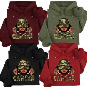 [Full 12 Zodiac] Camo Zodiac Hoodie  – Afro Woman Astrology Sign Pullover with Sparkly Hat Graphic, Unisex Horoscope Crewneck Gift for Black, Military Green, Red, Maroon Color
