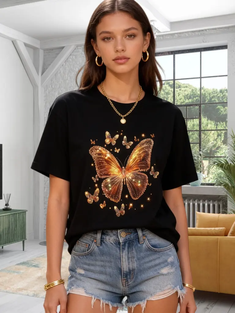 Shiny Glitter Golden Butterfly Sparkle Graphic T Shirt For Women, Multiple Golden Butterflies Print Casual Black Short Sleeve Elegant Ladies Party Tee sohochic