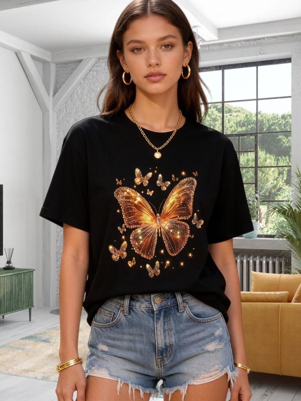Women's Pure Cotton Fitted Cut Short Sleeve Tops - Shiny Glitter Golden Butterfly Sparkle Finish Graphic Tee, Casual Black Party Valentines Day Top by Sohochic