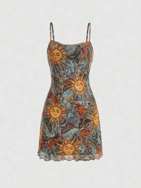 Retro Vintage Clothes Women's Sun Face Print Spaghetti Strap Sundress,Summer Dresses Spring Clothes Boho Sleeveless