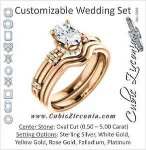 CZ Wedding Set, featuring The Jayla engagement ring (Customizable Oval Cut Style with Under-Halo & Horizontal Band Accents)
