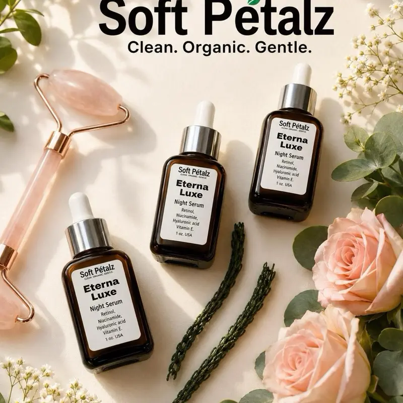 Soft Petalz Eterna Luxe Night Repair Serum with Retinol & Glycerin - Lightweight Anti-Aging Treatment for Radiant Skin, Use Before Night Cream, Moisturizer, Scent, Hyaluronic, Organic, Discoloration, Skin Repair, Smoother, Hydrating, Moisture, Hyaluronic