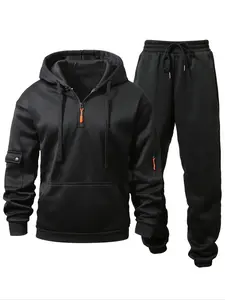 Men's Hooded Sweatshirt and Sports Pants Set, Polyester Fiber Sportswear, Solid Color, Long Sleeve, Slight Stretch Knit Fabric, Streetwear Tracksuit Set