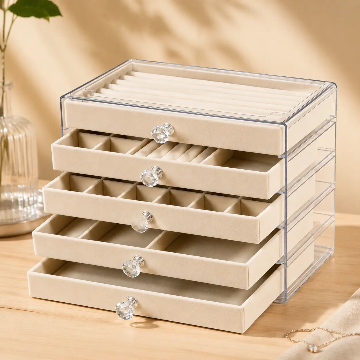 5-Layer Acrylic Jewelry Organizer Box with Velvet Trays, Clear Stackable Jewelry Storage Case for Rings, Necklaces, Earrings & Bracelets, Large Capacity Multi-Compartment Jewelry Box, Aesthetic Vanity Organizer, Jewelry Holder for Women Gift