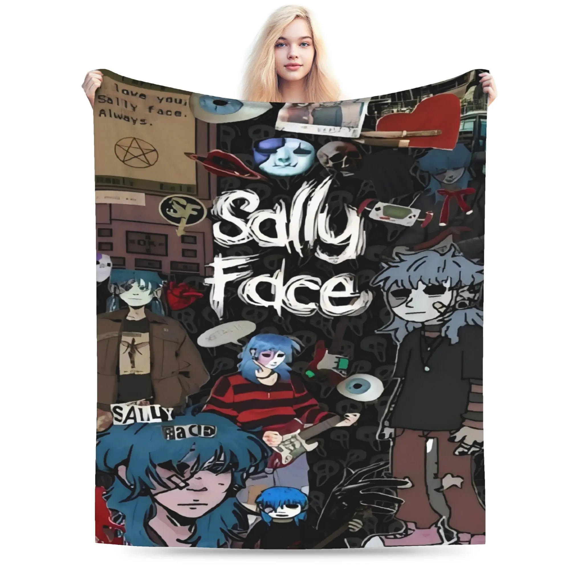 Sally Face Anime Theme Print Cotton Flannel Blanket - Soft, Breathable, Wrinkle Resistant, Durable, All-Season, Machine Washable (Do Not Bleach) - Ideal for Sofa, Bed, Great Gift, Machine Wash