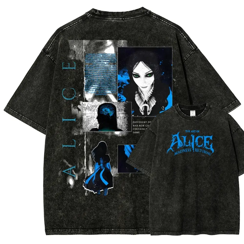 Vintage Acid Wash Dark Alice v2 Graphic Tee | Oversized Gothic Cheshire Cat Washed Black Streetwear T-Shirt, Alice Madness Returns Vintage Washed Graphic Tee