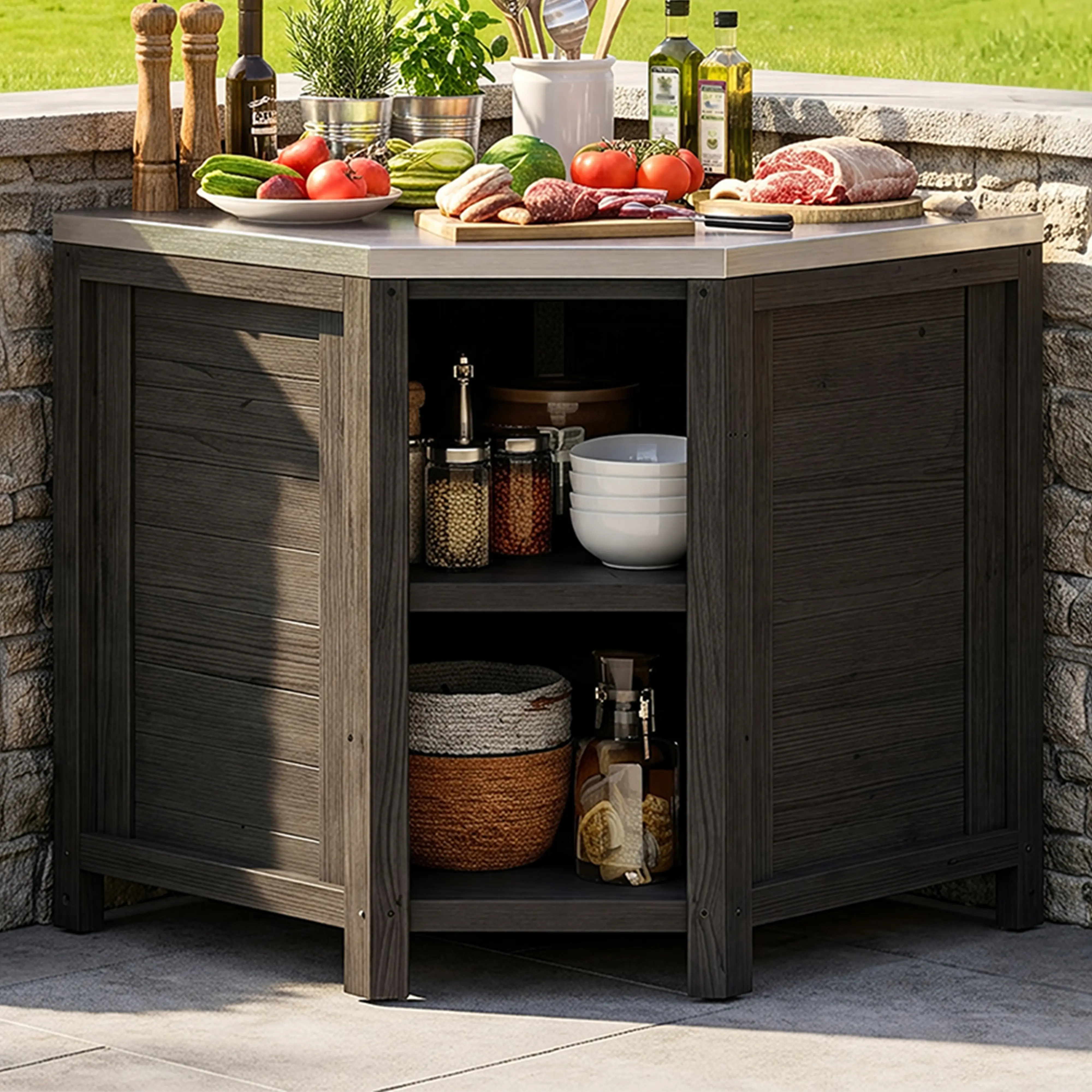 FUFU&GAGA Outdoor Corner Storage Cabinet with Stainless Steel Countertop, 35.4 Inch Weather‑Resistant Patio BBQ Prep Station with Adjustable Shelf