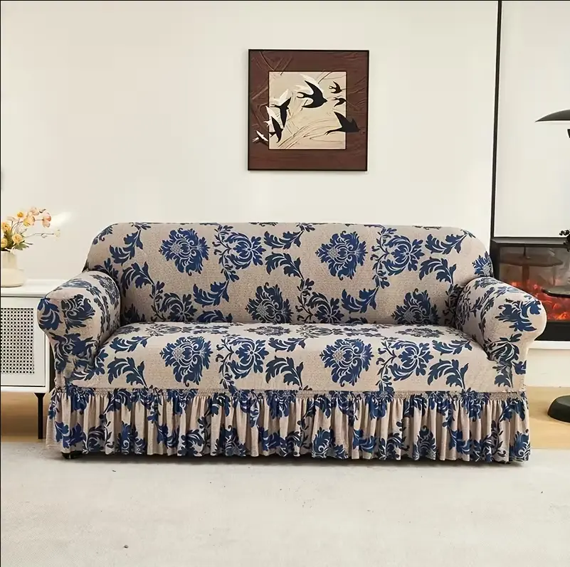 Stretch Elastic Ruffle Skirt Sofa Slipcover Anti-slip Machine Washable Couch Cover for Armchair/Loveseat/3-4 Seater