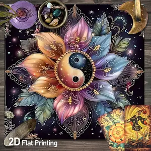 Colorful Floral Tarot Card Tablecloth Mystical Yin Yang Pattern Altar Cloth Boho Art Decor Cards Pads Square Tablecloth Shimmering Stars Sky Background Gaming Tapestry Wall Hanging Home Decor for Spread Divination Witchcraft Magic Supplies