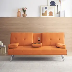 67" Orange Leather Office Sofa Bed, Double Fold, with Coffee Table, Multifunctional