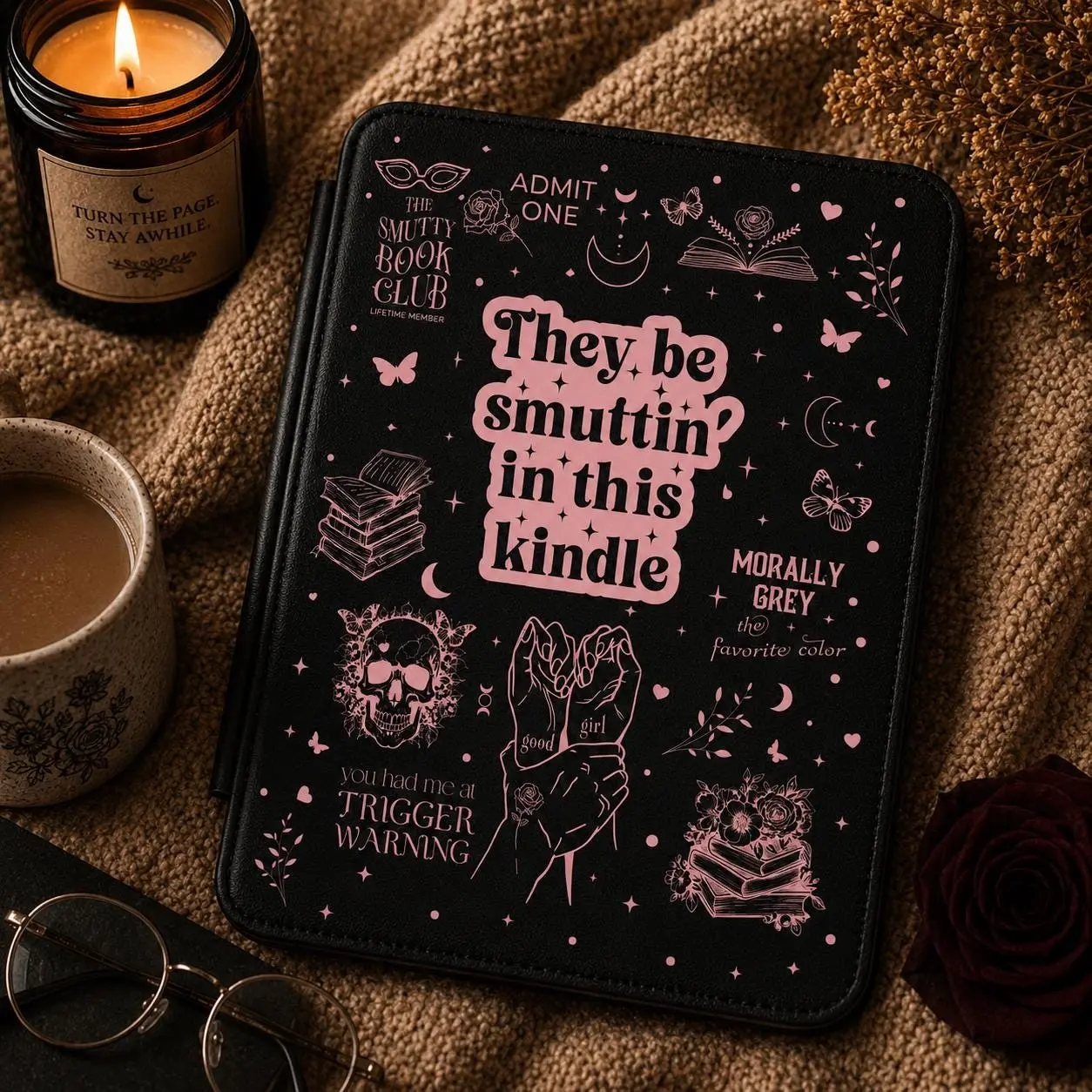 Kindle Tablet Case - Morally Grey Dark Romance Skull Design, Book Lover Gift for E-Reader Accessories