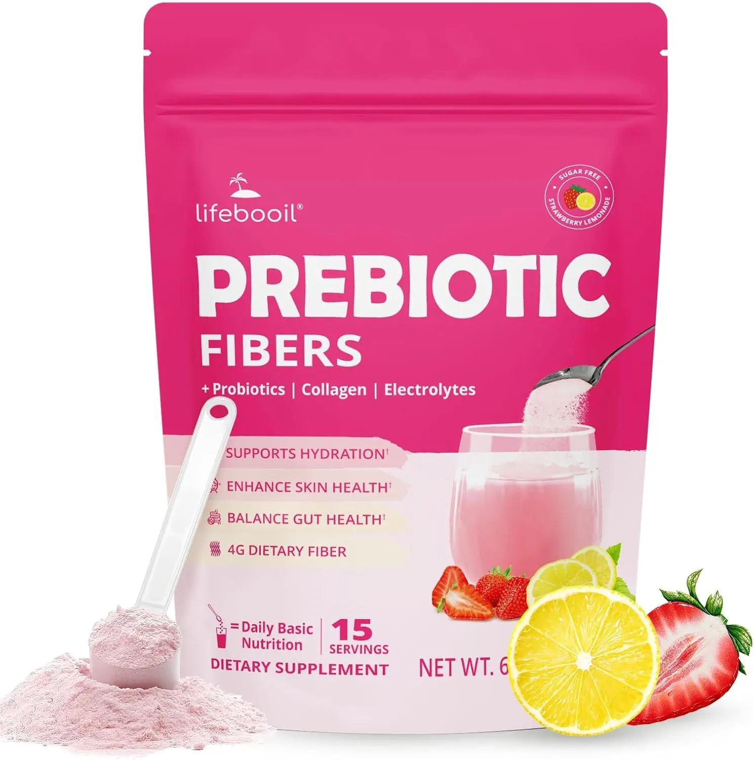 Daily Fiber Supplement for Women & Men, Fiber Powder with Probiotics, Collagen & Electrolytes- Supports Digestive & Gut Health, Bloating Relief | Sugar Free, Strawberry Lemon Flavor, 15 Servings