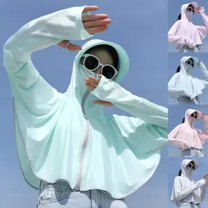 Summer Sun Jacket Lightweight Long Sleeve Hooded Coat 2 In 1 UV Protection Shawl with Wide Brim Ponytail Hat Ice Silk Outdoor Cover for Cycling Hiking Travel Activities