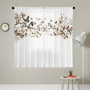 2pcs Floral Bird Print Curtains, HD Digital Printing, Rod Pocket Installation, 100% Polyester, All-Season UV Protection Decorative Drapes
