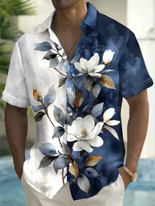 Men's Hawaiian Vintage Floral Print Short Sleeve Button-Up Shirt, Casual Slim-Fitting Blouse, All over Print, Summer Fashion