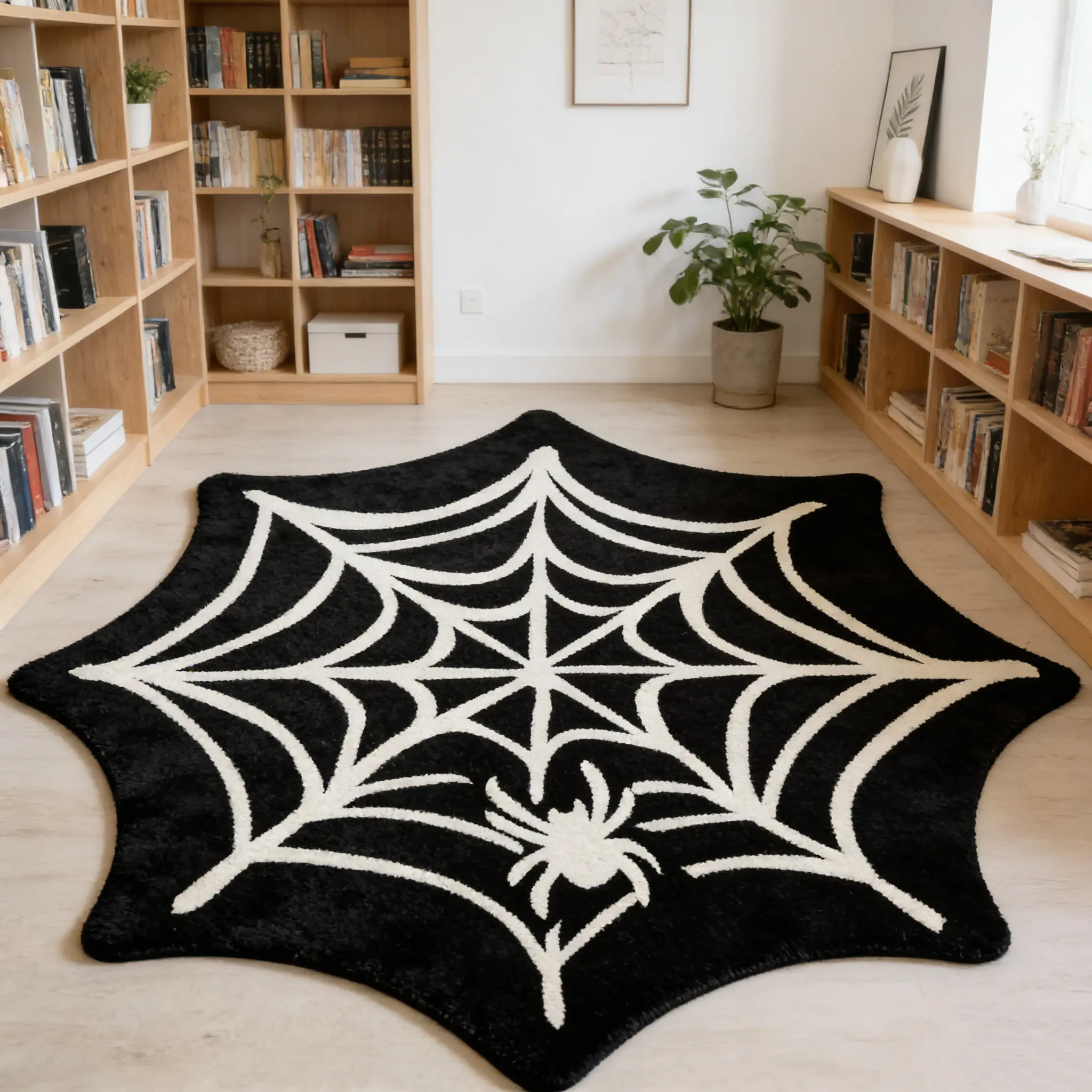 Spider web, spider shaped carpet, black and white contrasting velvet anti-slip wear-resistant floor mat for living room, Non Slip Rugs, Decorative area rug, suitable for Gothic trend home decoration