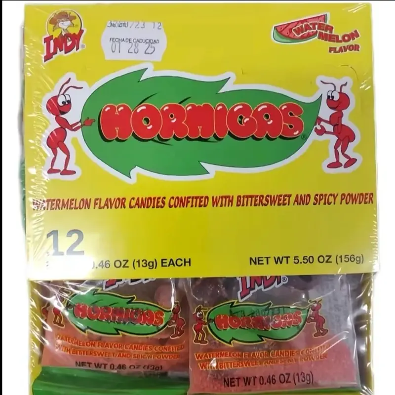 Indy Hormigas Watermelon Bonbon Snacks, Spicy Powder-Coated Candies - 12 Pieces, Snack Sweet