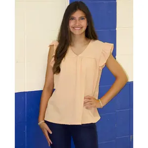 Peach V-Neck Ruffle Sleeve Top