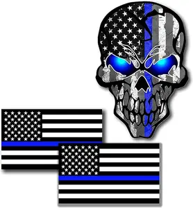 3 Pack Car Decals Stickers Reflective US Flag with Thin Blue Line and skull, Honoring Police Law Enforcement Vinyl Stickers Van Trucks Women Men Motorcycle Laptop decals Skateboard Bike Bumper Window