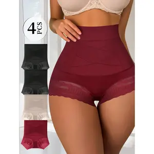 QUASTI Women’s 4PCS High-Waisted Tummy Control Compression Panties - Minimalist Trim Lace Boy Shorts with Crossover Lift, Soft Stretchy Breathable Solid Fabric, Postpartum Hip Lifting Underwear (S-XXL)
