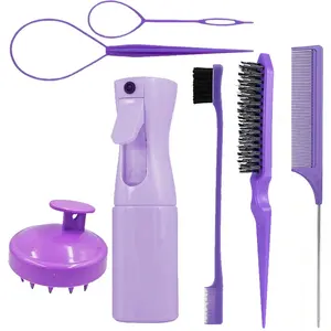 7 Hair Styling Tool Set | Spray Bottle for Moistening, Sectioning Loop for Parting, Detangling Brush for Smoothing, Edge Brush for Baby Hairs, Fine-Tooth Comb for Styling, Scalp Massager for Relaxing Care, Home Hair Kit, Home Essentials