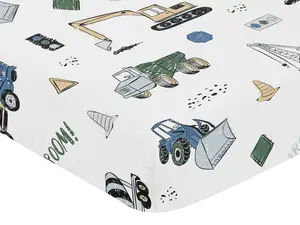 Sweet Jojo Designs Fitted Baby Crib Sheets (Green Construction Truck) for Boys, Infant Nursery, Toddler Room - Standard Size (Transportation, Bulldozer, Tractors, Cranes, Blue, Grey & Yellow, Trucks)