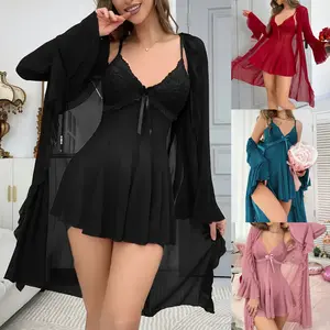 Women's V-Neck Lace Lingerie Set, 2-Piece Mesh Bodysuit and Robe Night Gown, Soft Breathable Fabric for Lounging