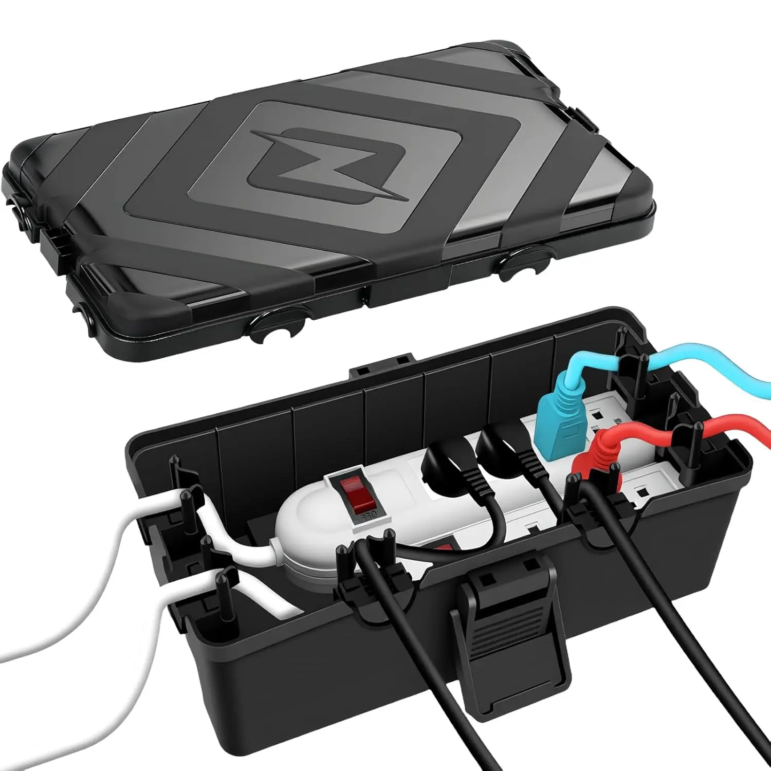 Medium Black Rectangle Waterproof Plastic Outdoor Electrical Box with Lid - IP54 Rated, 6 Cable Entries, Single Plug-In for Timer Outlets, Plugs, Sockets, 6 Cable Entry