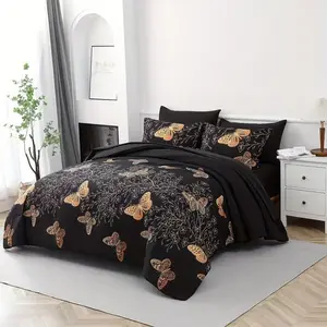 7pcs Golden Butterfly Print Comforter Set - Ultra-Soft Microfiber, Stain-Resistant, Lightweight Bedding with 100% Polyester Fill | Queen/King Size Bed-in-a-Bag | All-Season Comfort