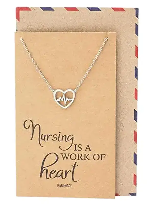 Quan Jewelry EKG Lifeline Pulse Heartbeat Charm Open Heart Pendant Necklace, Best Girt for Nurses with Inspirational Quote on Greeting Card