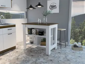 360 Stand Modern Caramel & White Rectangular Kitchen Island with Storage Shelves and Wood Base