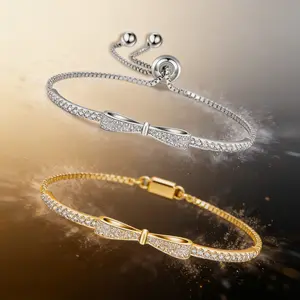AELNEN S925 Sterling Silver Adjustable Bowknot Tennis Bracelets for Women - Elastic Jewelry Gift with Beaded Design- Luxury Fashion Jewelry